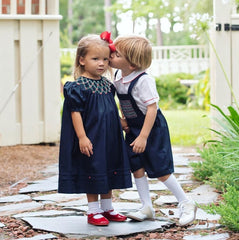 Eliza Embroidered Navy Puff Sleeves Dress