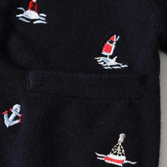 Sailboat Embroidery V-neck Knitted Cardigan