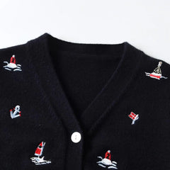 Sailboat Embroidery V-neck Knitted Cardigan