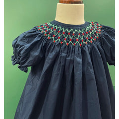 Eliza Embroidered Navy Puff Sleeves Dress