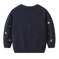 Sailboat Embroidery V-neck Knitted Cardigan