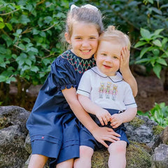 Eliza Embroidered Navy Puff Sleeves Dress