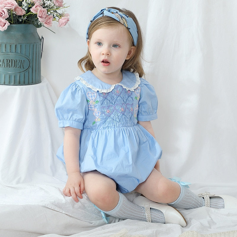 Lillian Light Blue Smocked Embroidered Romper/ Dress