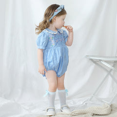 Lillian Light Blue Smocked Embroidered Romper/ Dress