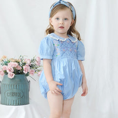 Lillian Light Blue Smocked Embroidered Romper/ Dress