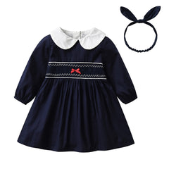 Navy Peter Pan Collar Lantern Sleeve Dress with Hairband