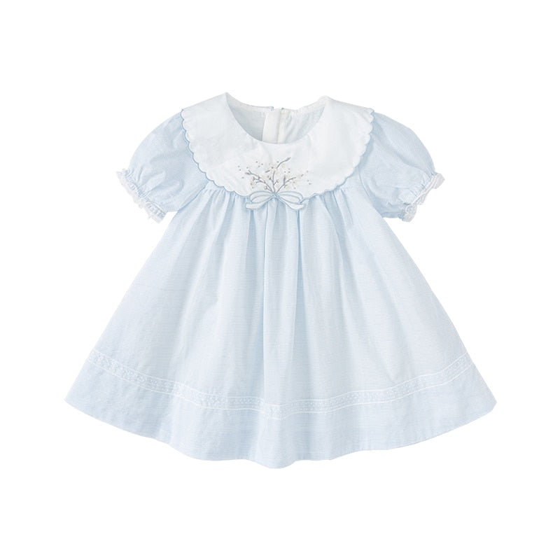 Melora Stripped Light Blue Embroidered Laced Sleeve Dress