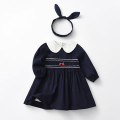 Navy Peter Pan Collar Lantern Sleeve Dress with Hairband